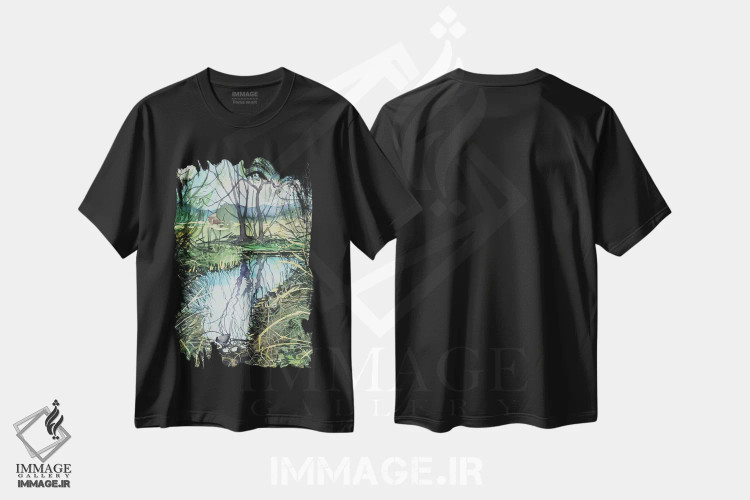 تیشرت مشکی طرح دار – تیشرت طبیعت ,آب راکد در نهر مدئا اثر لویزا میلیسنت فروشگاه ایماژ
