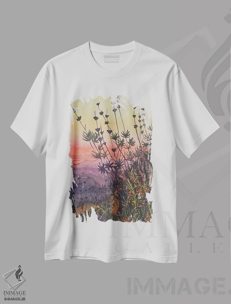تیشرت سفید طرح دار – تیشرت غروب ,غروب گرم توپانگا اثر لویزا میلیسنت immage.ir