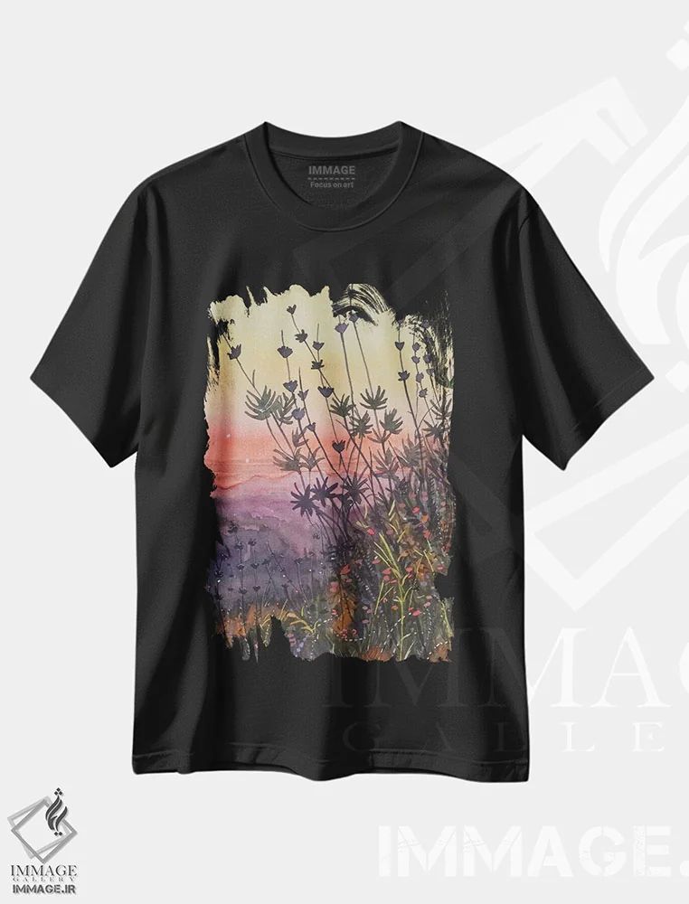 تیشرت مشکی طرح دار – تیشرت غروب ,غروب گرم توپانگا اثر لویزا میلیسنت فروشگاه ایماژ