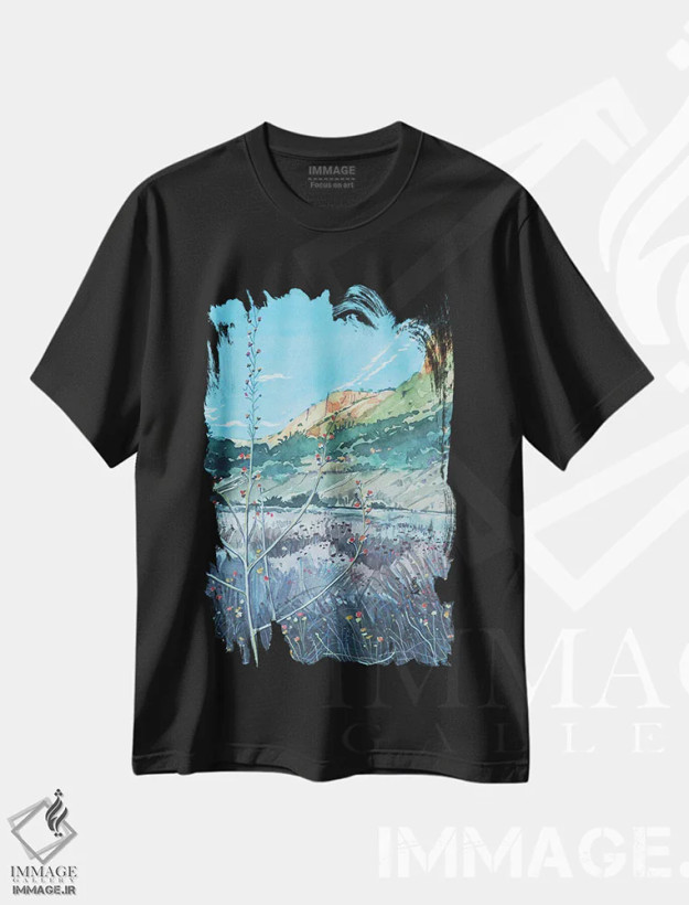 تیشرت مشکی طرح دار – تیشرت طبیعت ,علف های نجواگر کنار نهر مالیبو اثر لویزا میلیسنت فروشگاه ایماژ