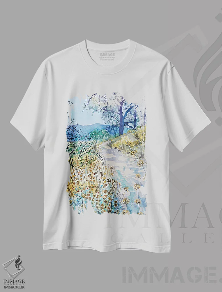 تیشرت سفید طرح دار – تیشرت طبیعت گردی ,مسیر صبحگاهی پاییزی اثر لویزا میلیسنت فروشگاه ایماژ