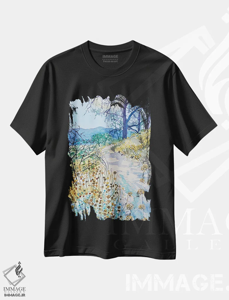 تیشرت مشکی طرح دار – تیشرت طبیعت گردی ,مسیر صبحگاهی پاییزی اثر لویزا میلیسنت immage.ir