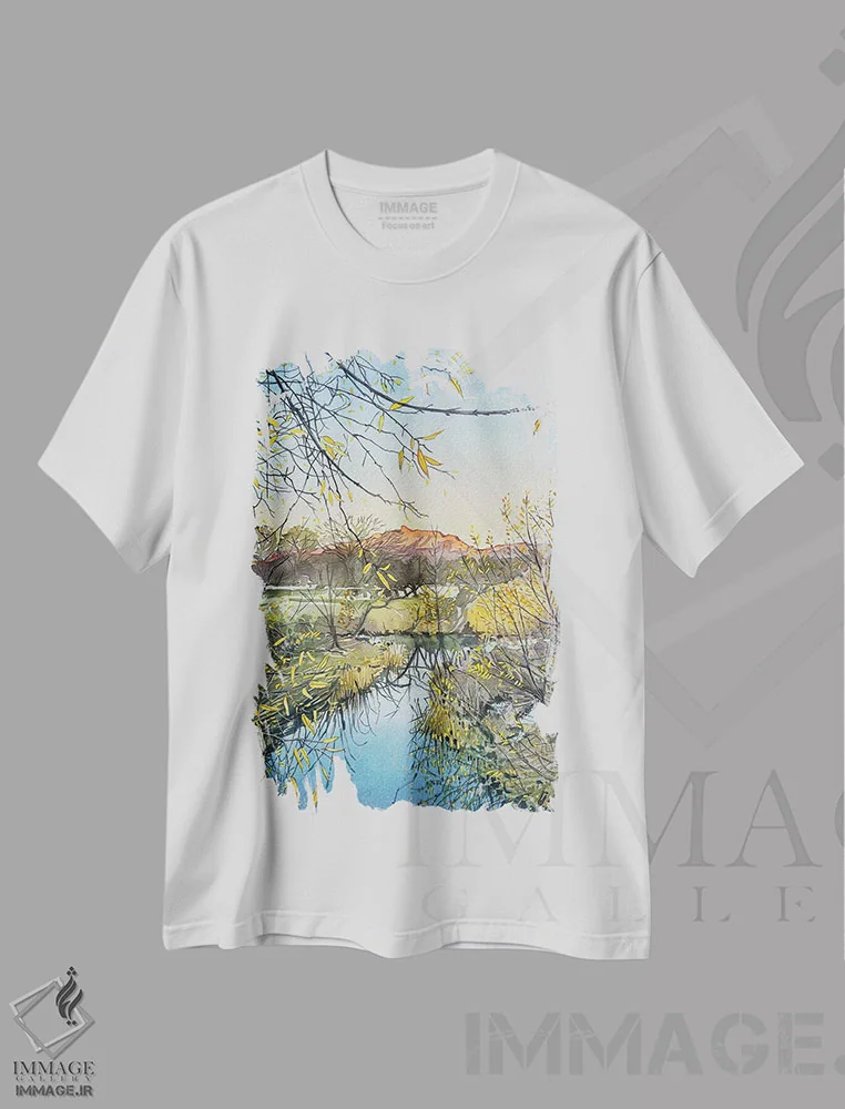 تیشرت سفید طرح دار – تیشرت هنری ,صورت بانو و نهر مدئا در عصر زمستان اثر لویزا میلیسنت immage.ir