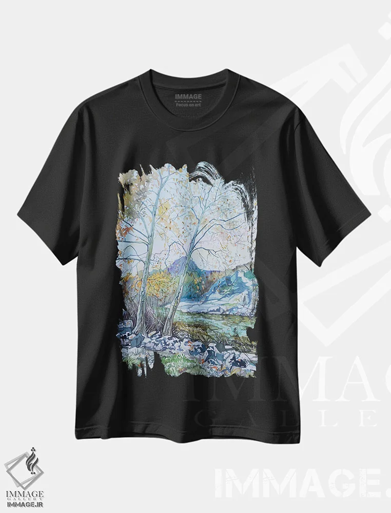 تیشرت مشکی طرح دار – تیشرت طبیعت ,دو چنار کنار سد اثر لویزا میلیسنت فروشگاه ایماژ