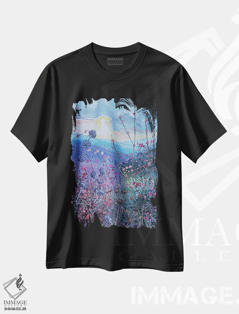 تیشرت مشکی طرح دار – تیشرت هنری ,غروب طوفانی در بلوط های سنگی اثر لویزا میلیسنت فروشگاه ایماژ