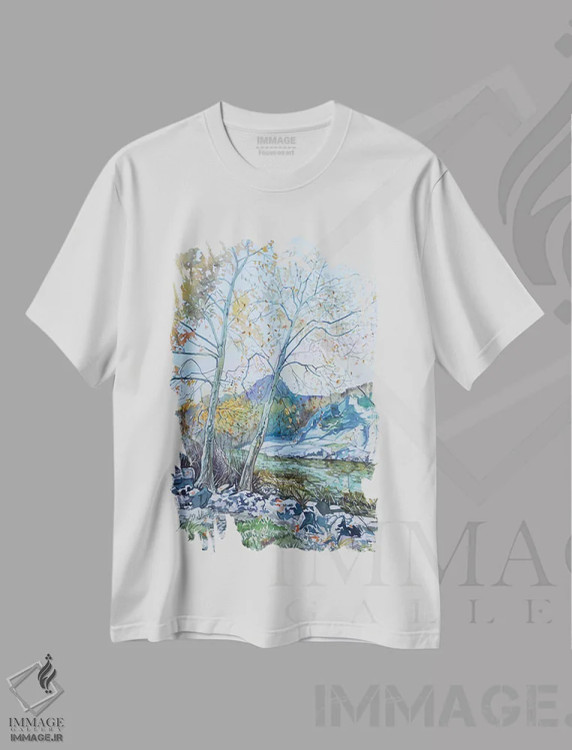 تیشرت سفید طرح دار – تیشرت طبیعت ,دو چنار کنار سد اثر لویزا میلیسنت immage.ir