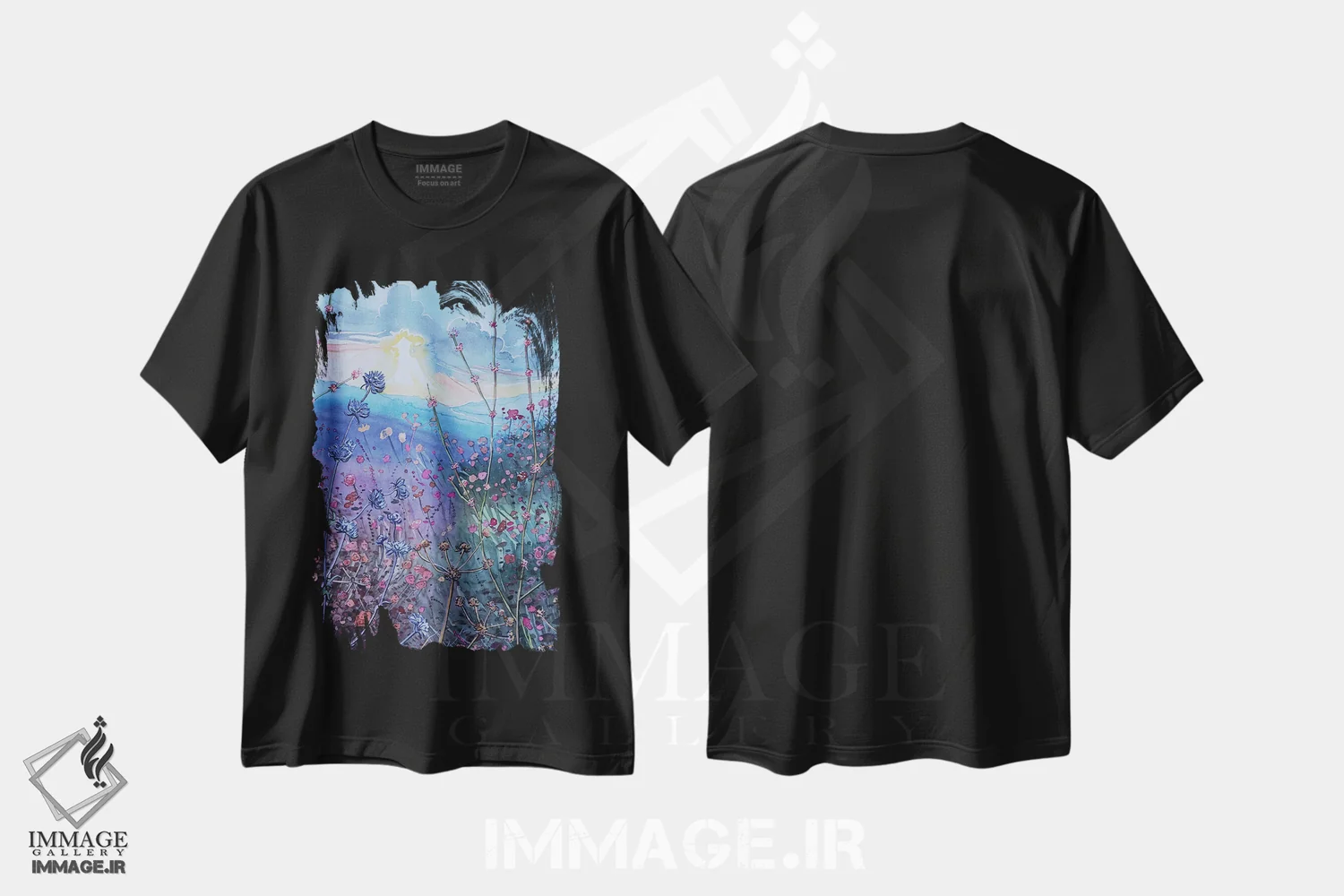تیشرت مشکی طرح دار – تیشرت هنری ,غروب طوفانی در بلوط های سنگی اثر لویزا میلیسنت فروشگاه ایماژ