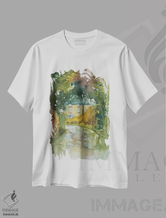 تیشرت سفید طرح دار – تیشرت هنری ,کوچه روستایی در روز بارانی اثر لویزا میلیسنت فروشگاه ایماژ