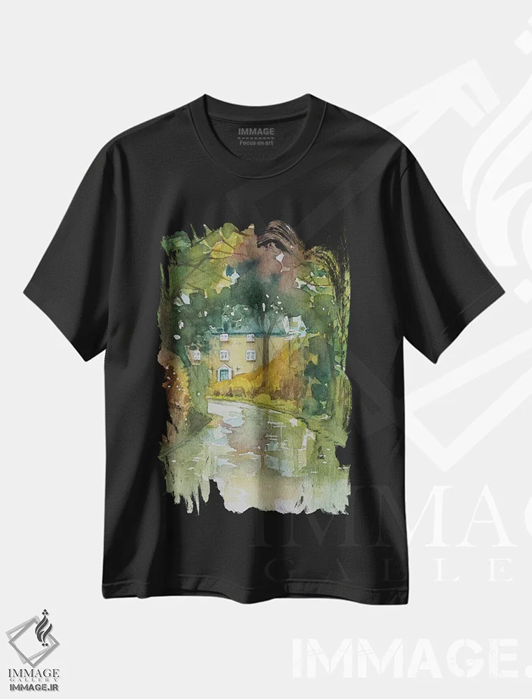 تیشرت مشکی طرح دار – تیشرت هنری ,کوچه روستایی در روز بارانی اثر لویزا میلیسنت immage.ir