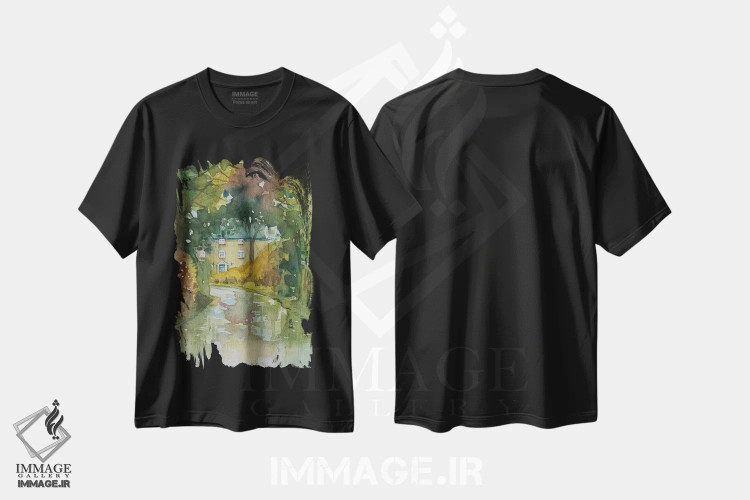 تیشرت مشکی طرح دار – تیشرت هنری ,کوچه روستایی در روز بارانی اثر لویزا میلیسنت immage.ir