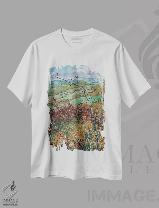 تیشرت سفید طرح دار – تیشرت طبیعت ,چشم انداز قلعه روی تپه اثر لویزا میلیسنت فروشگاه ایماژ