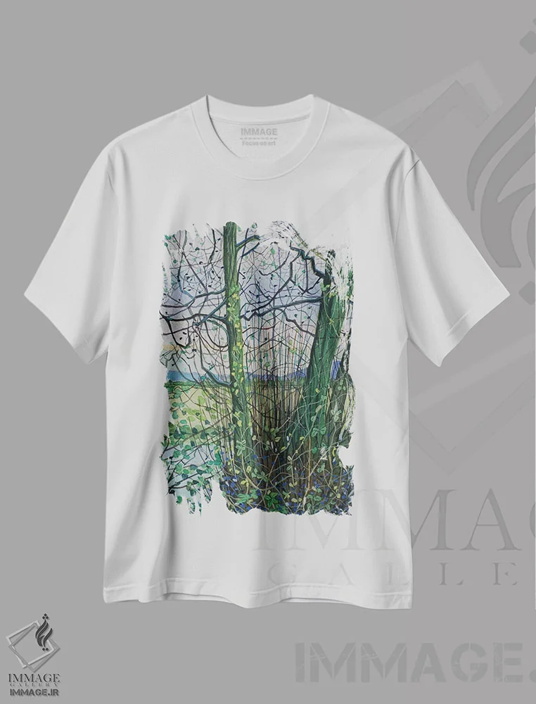 تیشرت سفید طرح دار – تیشرت زمستانی ,درختان زمستانی شروپشر اثر لویزا میلیسنت immage.ir