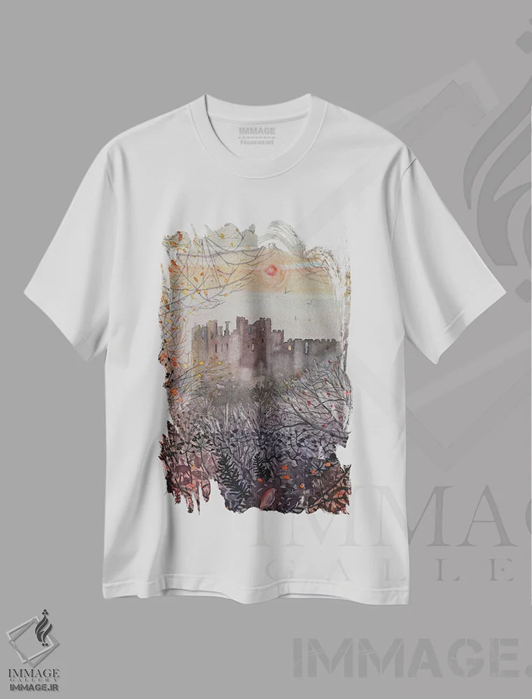 تیشرت سفید طرح دار – تیشرت منظره ,قلعه لودلو اثر لویزا میلیسنت immage.ir