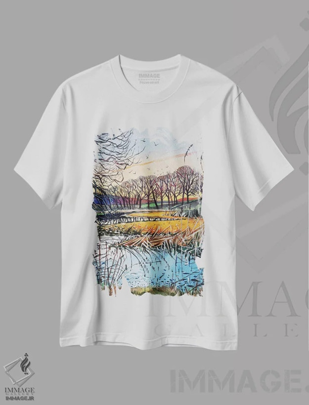تیشرت سفید طرح دار – تیشرت طبیعت ,درختان زمستانی کنار تالاب ها اثر لویزا میلیسنت فروشگاه ایماژ