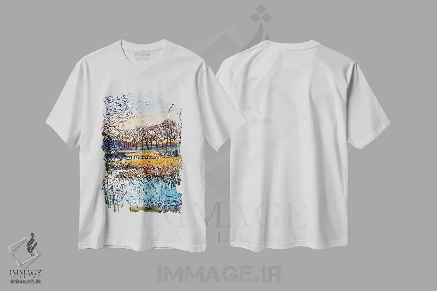 تیشرت سفید طرح دار – تیشرت طبیعت ,درختان زمستانی کنار تالاب ها اثر لویزا میلیسنت فروشگاه ایماژ