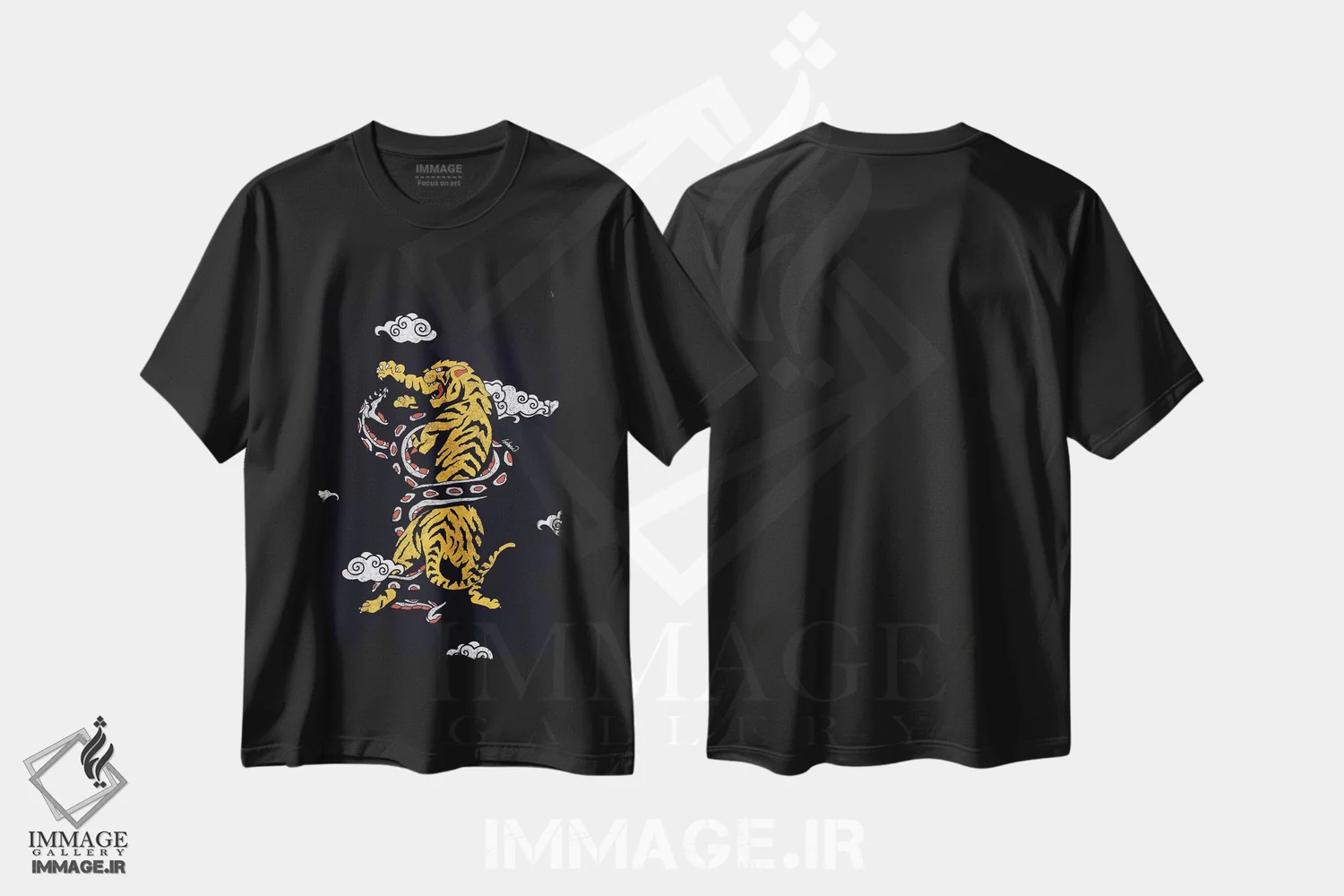 تیشرت مشکی طرح دار – تیشرت حیوانات ,ببر و مار در میان ابرها اثر لاستاناو immage.ir