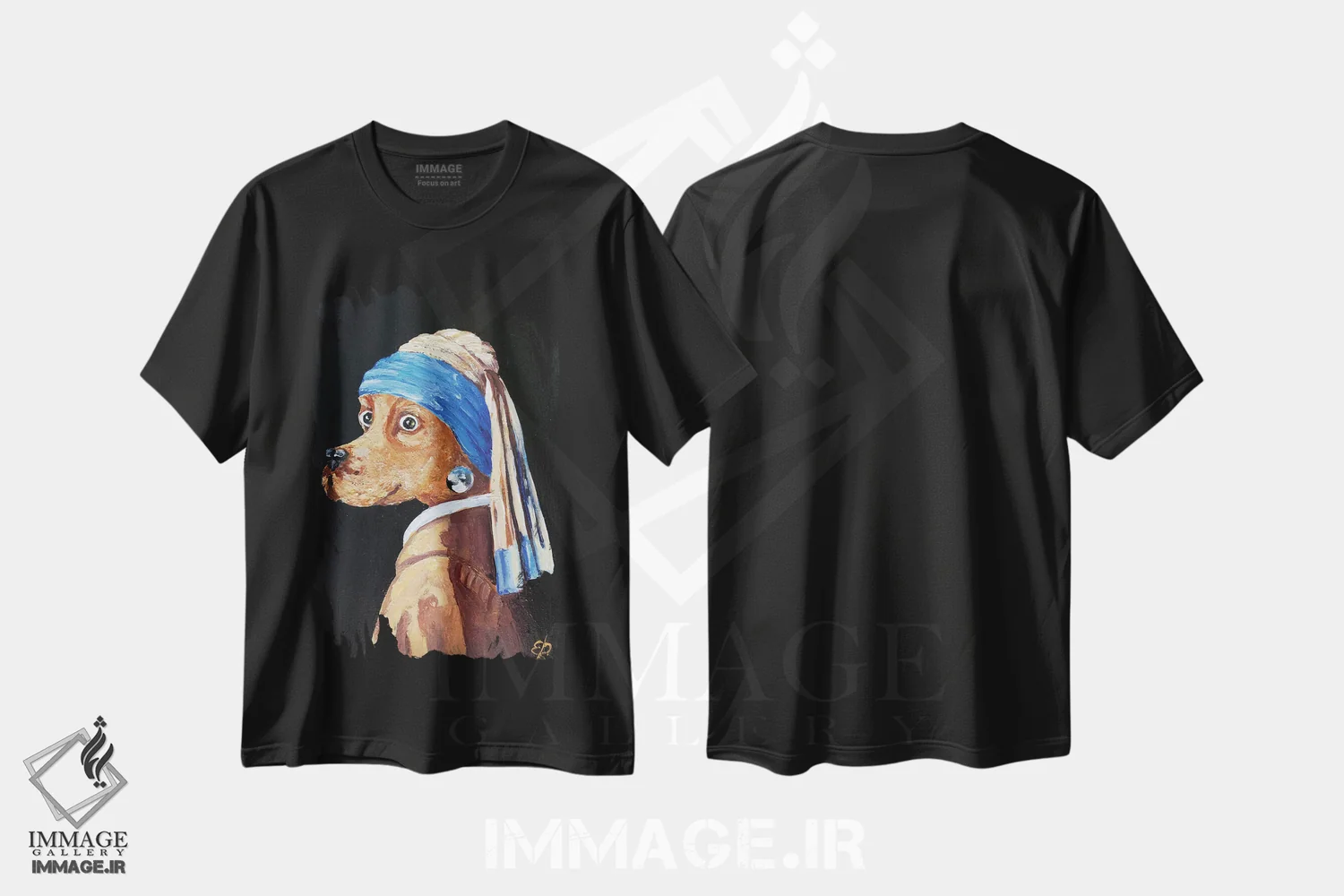 تیشرت مشکی طرح دار – تیشرت طنز حیوانات ,سگ با گوشواره مروارید اثر لنا اسمیرنُوا immage.ir