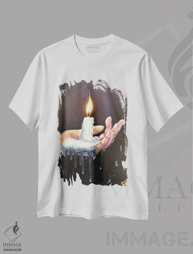 تیشرت سفید طرح دار – تیشرت هنری ,شمعم را روشن کن اثر لنا اسمیرنُوا immage.ir