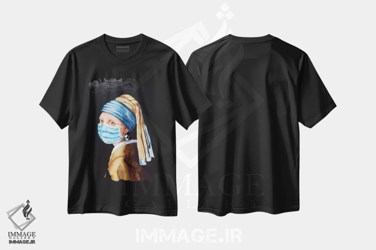 تیشرت مشکی طرح دار – تیشرت پرتره زنانه ,دختر با گوشواره و ماسک شماره بیست و سه اثر لنا اسمیرنُوا فروشگاه ایماژ