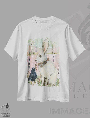 تیشرت سفید طرح دار – تیشرت حیوانات ,خرگوش سفید و سار سیاه اثر لینه آ توبیاس فروشگاه ایماژ