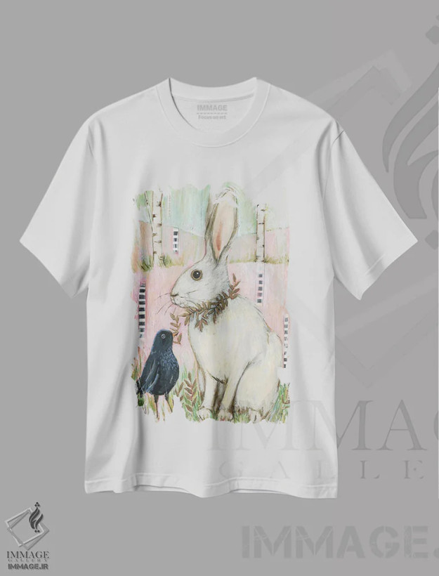 تیشرت سفید طرح دار – تیشرت حیوانات ,خرگوش سفید و سار سیاه اثر لینه آ توبیاس فروشگاه ایماژ