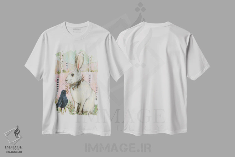 تیشرت سفید طرح دار – تیشرت حیوانات ,خرگوش سفید و سار سیاه اثر لینه آ توبیاس فروشگاه ایماژ