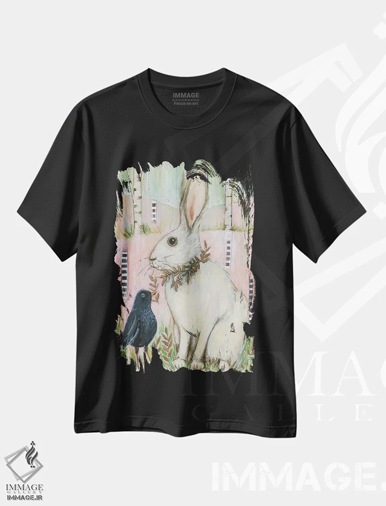 تیشرت مشکی طرح دار – تیشرت حیوانات ,خرگوش سفید و سار سیاه اثر لینه آ توبیاس immage.ir