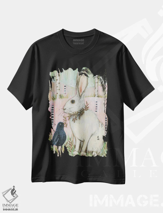 تیشرت مشکی طرح دار – تیشرت حیوانات ,خرگوش سفید و سار سیاه اثر لینه آ توبیاس immage.ir