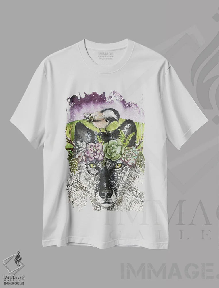 تیشرت سفید طرح دار – تیشرت حیوانات ,گرگ و پرنده اثر لینه آ توبیاس فروشگاه ایماژ