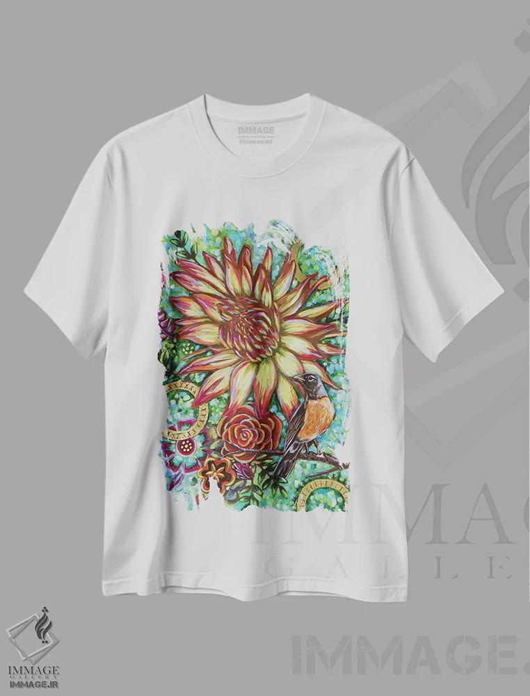 تیشرت سفید طرح دار – تیشرت فانتزی ,سینه سرخ با گل های داهلیا اثر لینه آ توبیاس فروشگاه ایماژ