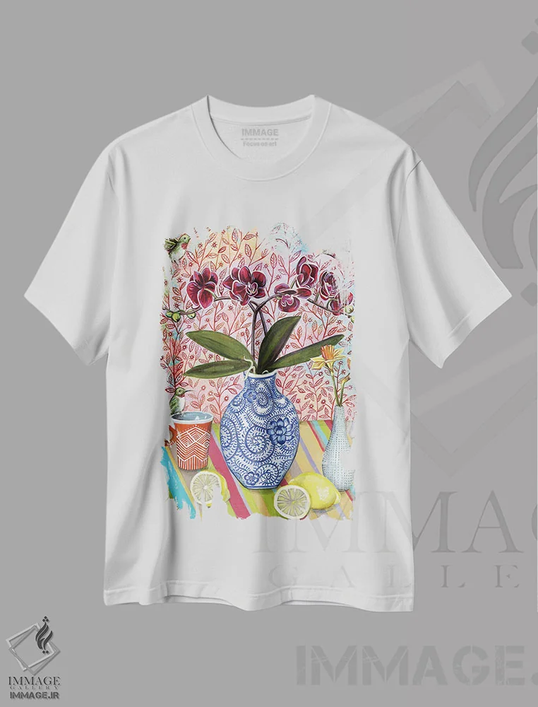 تیشرت سفید طرح دار – تیشرت طبیعت ,طبیعت بی جان با مرغ های مگس خوار اثر لینه آ توبیاس فروشگاه ایماژ