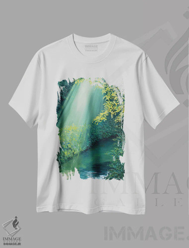 تیشرت سفید طرح دار – تیشرت طبیعت ,نور فیلترشده از میان برگ ها اثر لی تیِلِر فروشگاه ایماژ