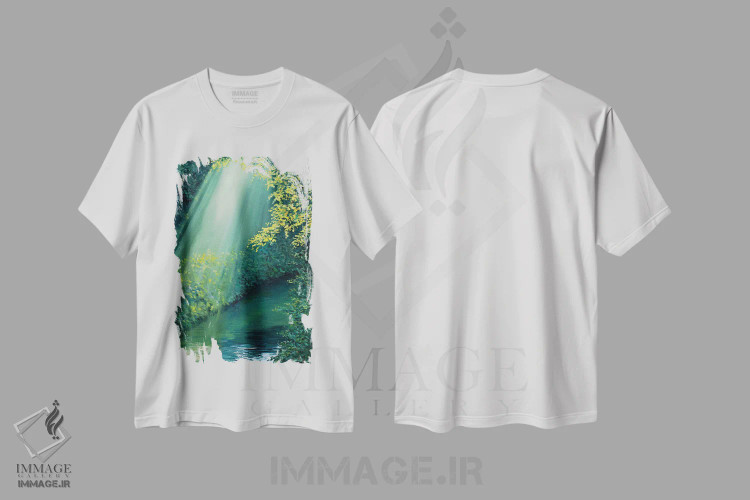 تیشرت سفید طرح دار – تیشرت طبیعت ,نور فیلترشده از میان برگ ها اثر لی تیِلِر فروشگاه ایماژ