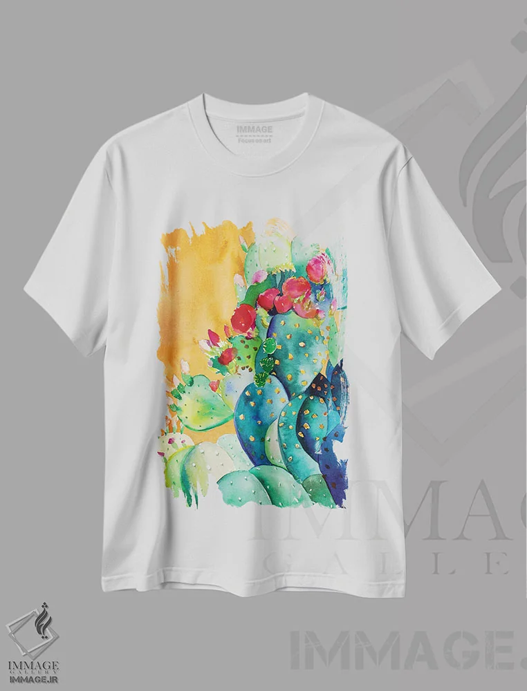 تیشرت سفید طرح دار – تیشرت گیاهی ,باغ کاکتوس اثر کریستین لیندستروم فروشگاه ایماژ