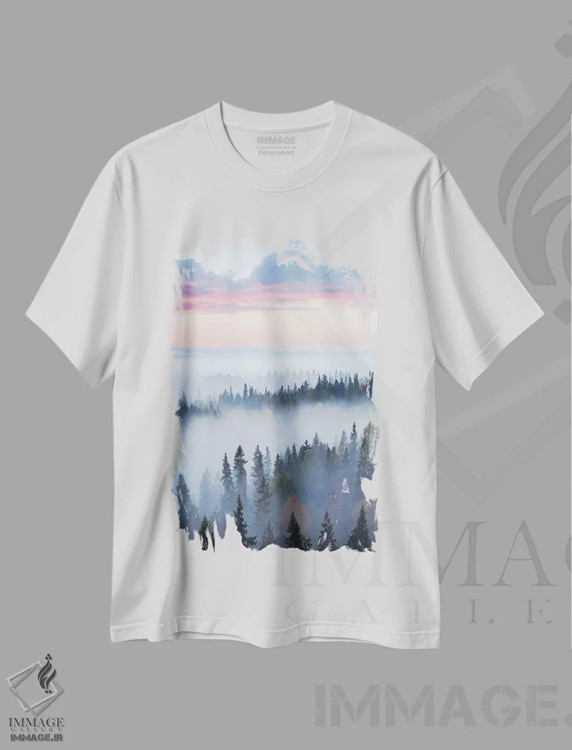 تیشرت سفید طرح دار – تیشرت منظره ,بالای مه اثر لاری لوهی فروشگاه ایماژ