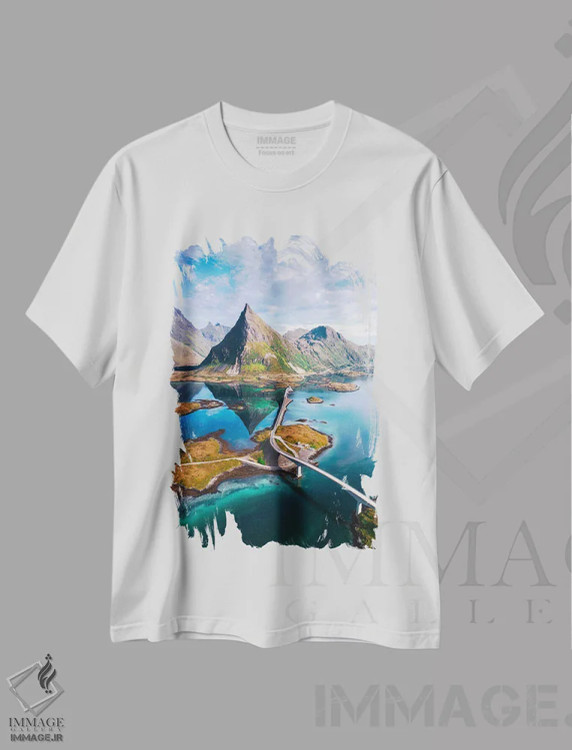 تیشرت سفید طرح دار – تیشرت منظره ,لئوفوتن از نمای هوایی اثر لاری لوهی فروشگاه ایماژ