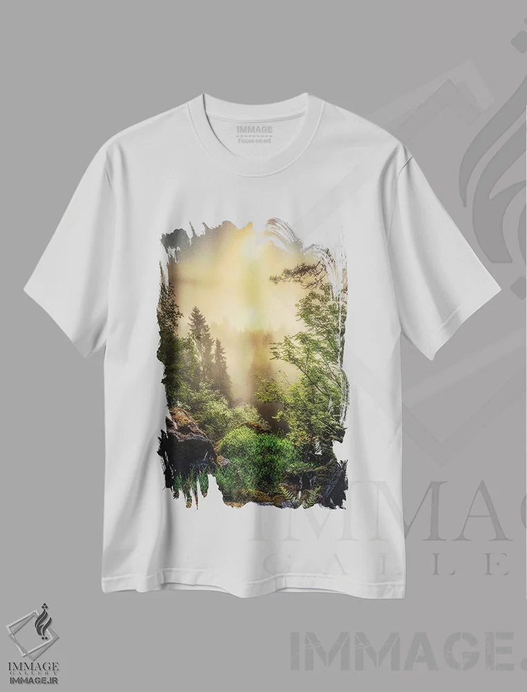 تیشرت سفید طرح دار – تیشرت طبیعت ,صبح افسانه ای اثر لاری لوهی فروشگاه ایماژ