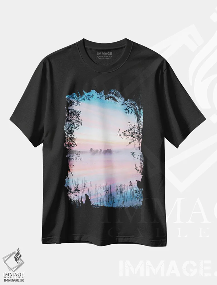 تیشرت مشکی طرح دار – تیشرت منظره ,آرامش صبحگاهی اثر لاری لوهی فروشگاه ایماژ