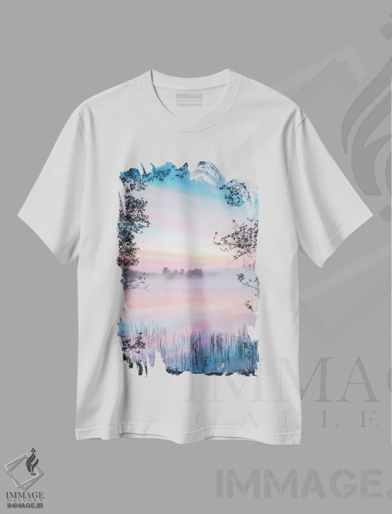 تیشرت سفید طرح دار – تیشرت منظره ,آرامش صبحگاهی اثر لاری لوهی immage.ir