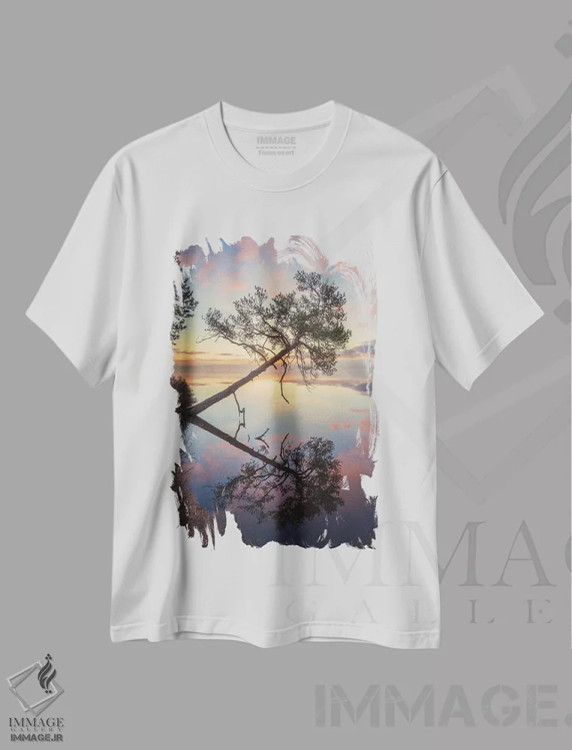 تیشرت سفید طرح دار – تیشرت طبیعت ,خمیده اثر لاری لوهی فروشگاه ایماژ