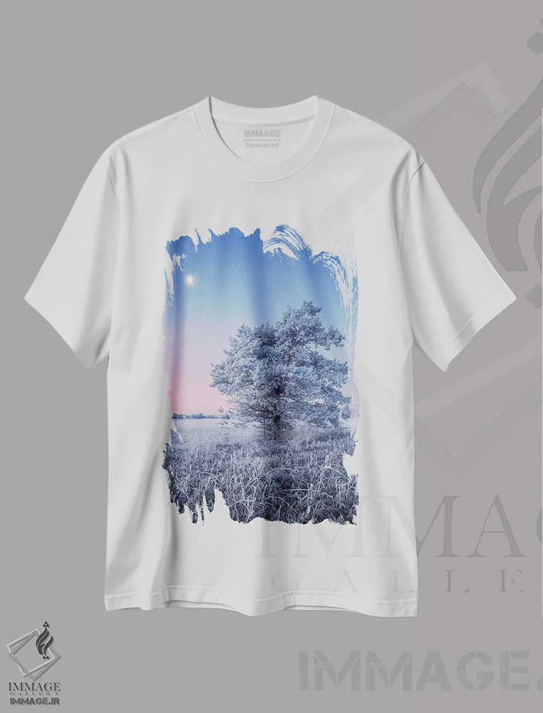 تیشرت سفید طرح دار – تیشرت زمستانی ,یخ زدگی شبنم اثر لاری لوهی immage.ir