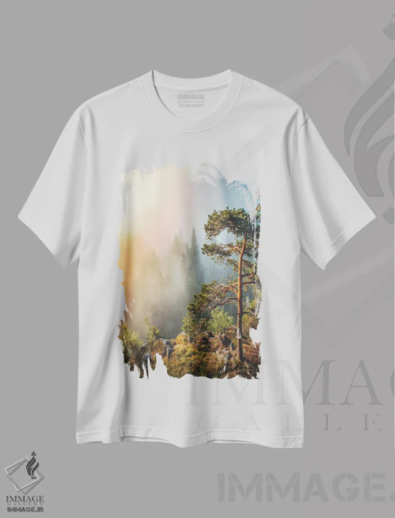 تیشرت سفید طرح دار – تیشرت طبیعت ,مه صبحگاهی اثر لاری لوهی immage.ir