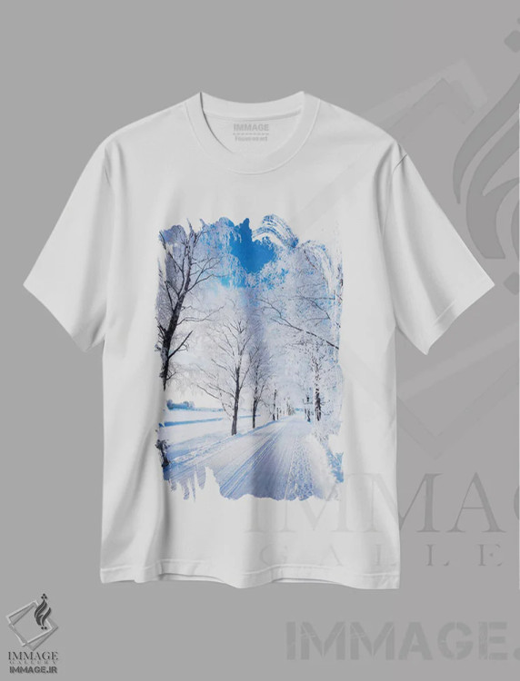 تیشرت سفید طرح دار – تیشرت طبیعت ,جاده زمستانی اثر لاری لوهی فروشگاه ایماژ