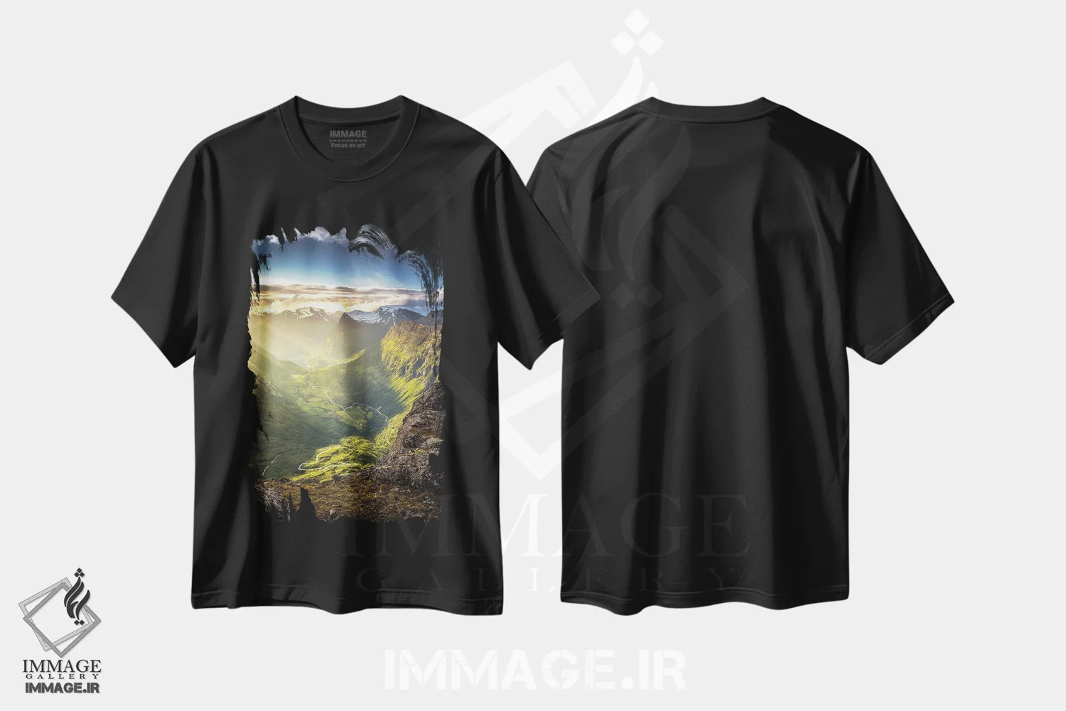 تیشرت مشکی طرح دار – تیشرت طبیعت ,دره گیرانگر اثر لاری لوهی فروشگاه ایماژ