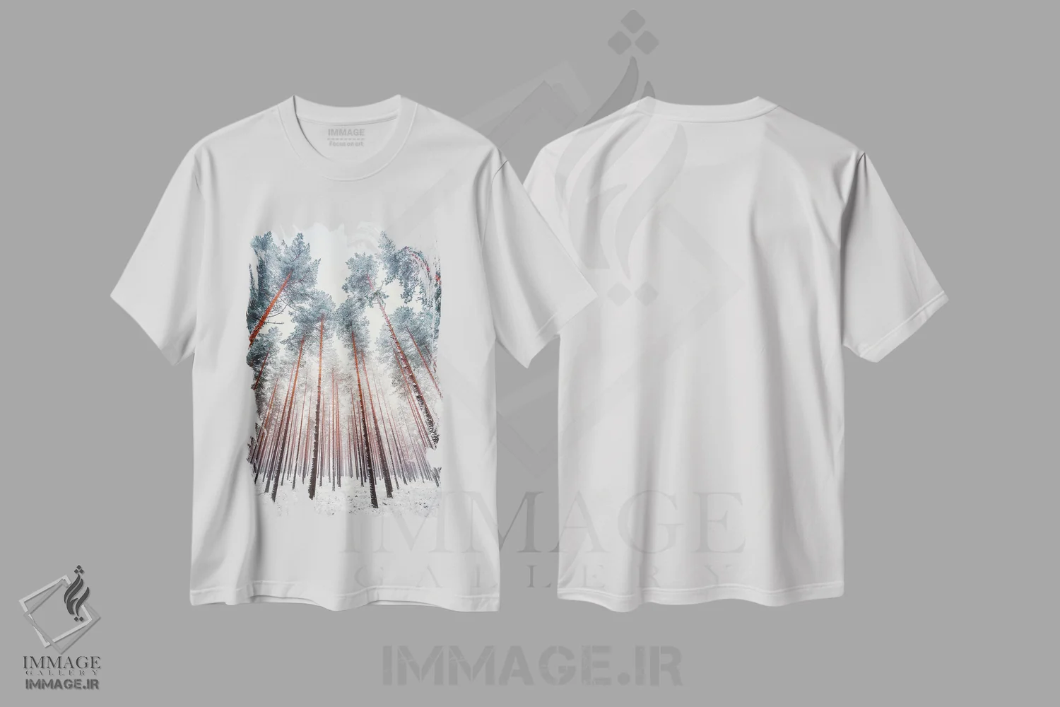 تیشرت سفید طرح دار – تیشرت طبیعت ,کاج های یخ زده اثر لاری لوهی immage.ir