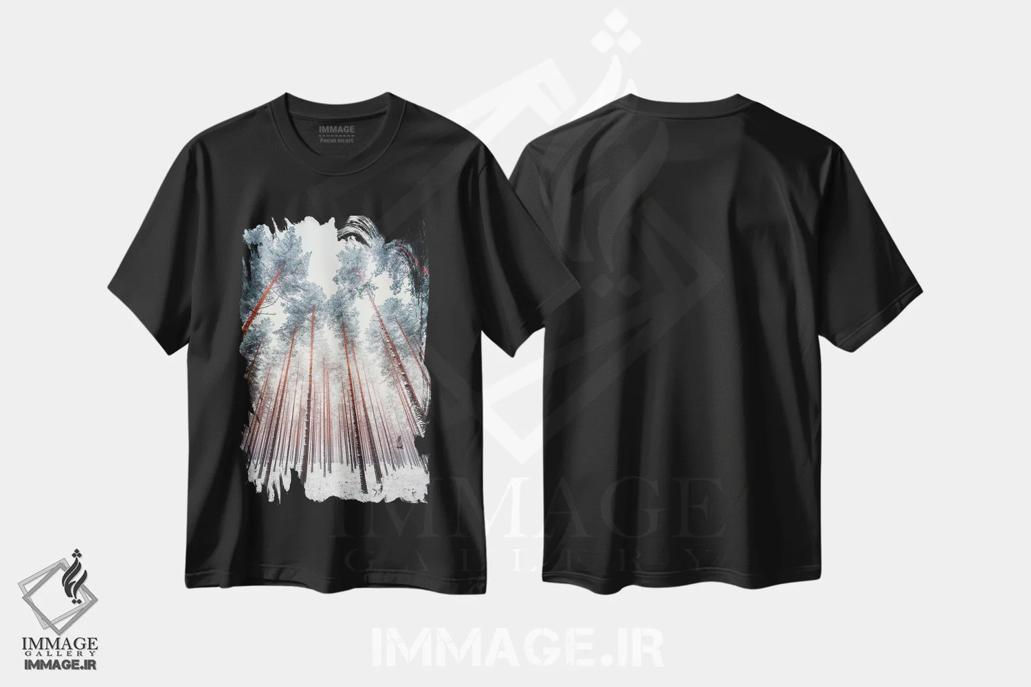 تیشرت مشکی طرح دار – تیشرت طبیعت ,کاج های یخ زده اثر لاری لوهی فروشگاه ایماژ