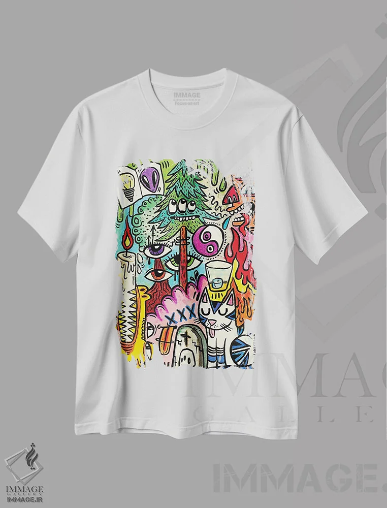تیشرت سفید طرح دار – تیشرت گربه ,نقاشی پاستل روغنی اثر لوک کرامپ فروشگاه ایماژ