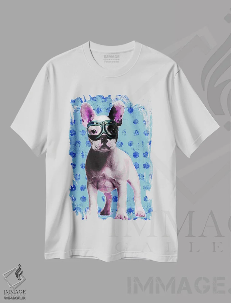 تیشرت سفید طرح دار – تیشرت اسپرت ,بولداگ آبی اثر لوز گرافیکس فروشگاه ایماژ