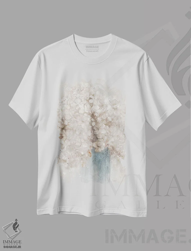 تیشرت سفید طرح دار – تیشرت گلدار ,هورتانسیاهای آرام اثر لیوی فین immage.ir