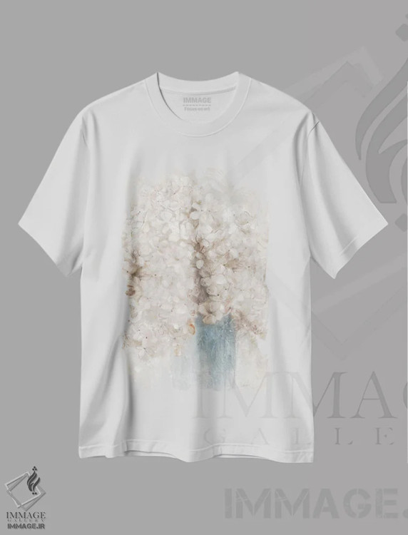 تیشرت سفید طرح دار – تیشرت گلدار ,هورتانسیاهای آرام اثر لیوی فین immage.ir
